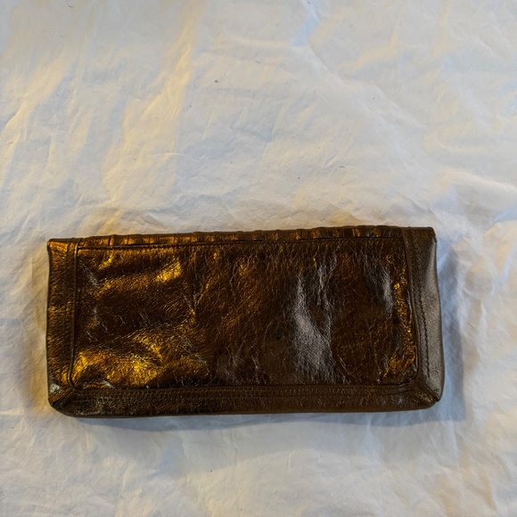 Elliott Luca -Authentic Leather Metallic Bronze Clutch With Gold Hardware - Picture 4 of 6